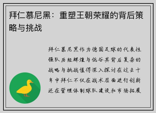 拜仁慕尼黑：重塑王朝荣耀的背后策略与挑战