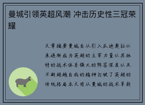 曼城引领英超风潮 冲击历史性三冠荣耀